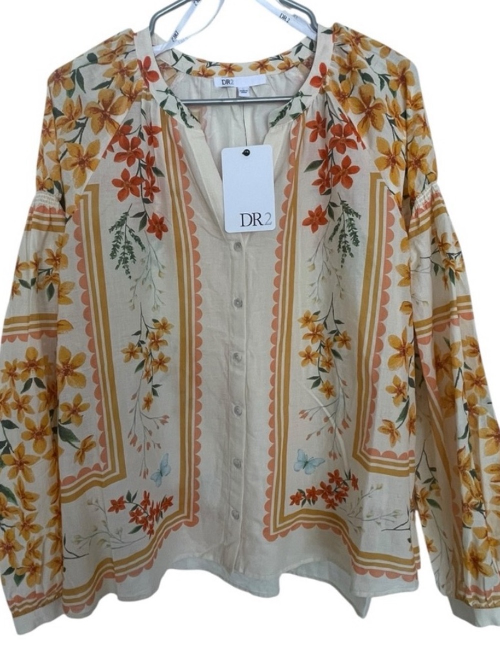 DR2 Cream Floral Button-Front Blouse with Mustard and Orange Prints